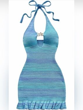 Hand-Knit Halter Bodycon Dress in Aqua MN Blue Gradient